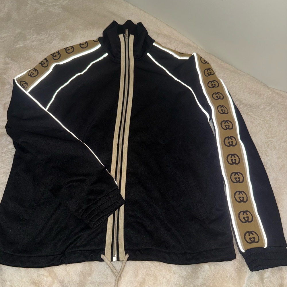Gucci Black and Tan Bomber Jacket with Reflective Stripes